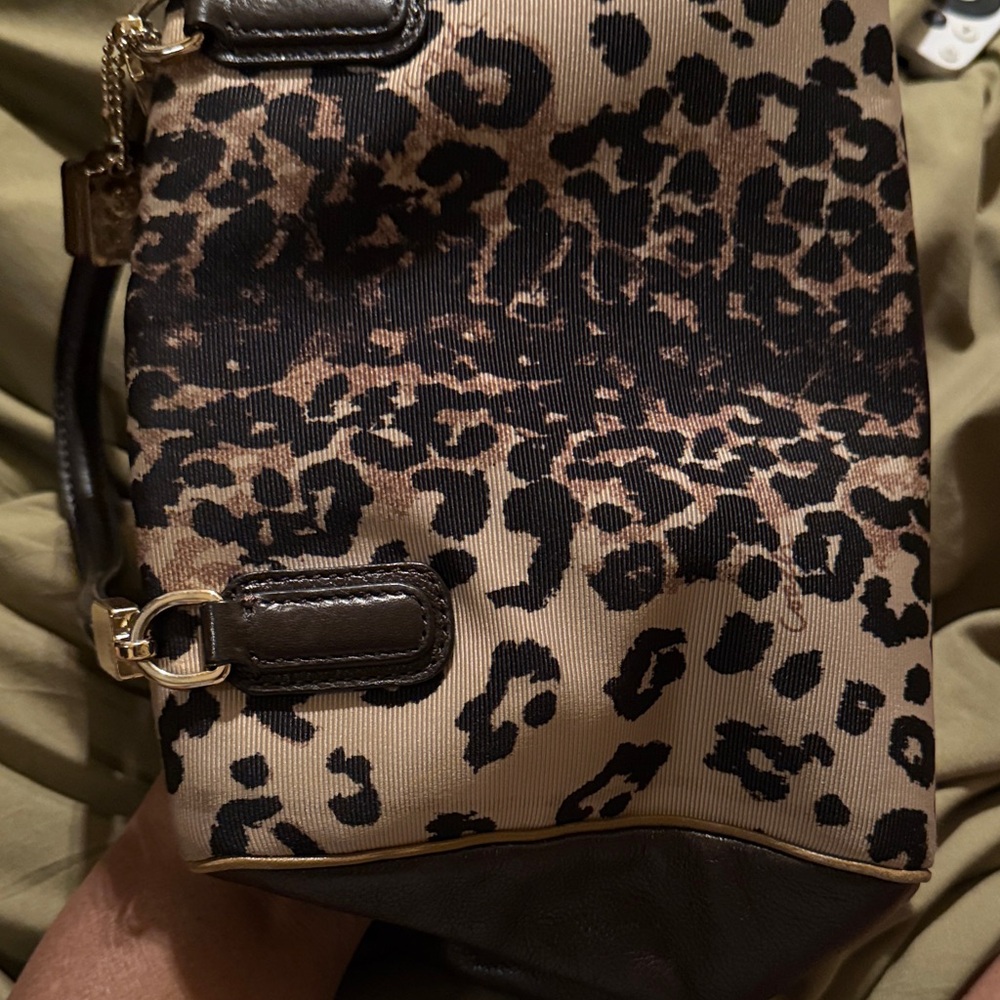 Coach Leopard-Print Canvas Shoulder Bag with Dark Brown Leather - Picture 5 of 11